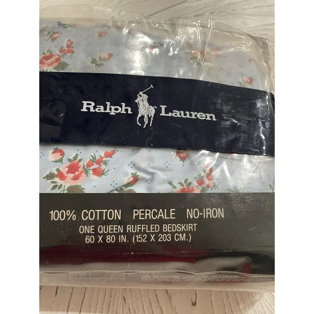 Vtg 80s  NEW Ralph Lauren QUEEN Ruffled‎ Bedskirt Calico Rose Blue NIP